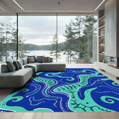 Deep Blue Teal Swirl Octopus Rug