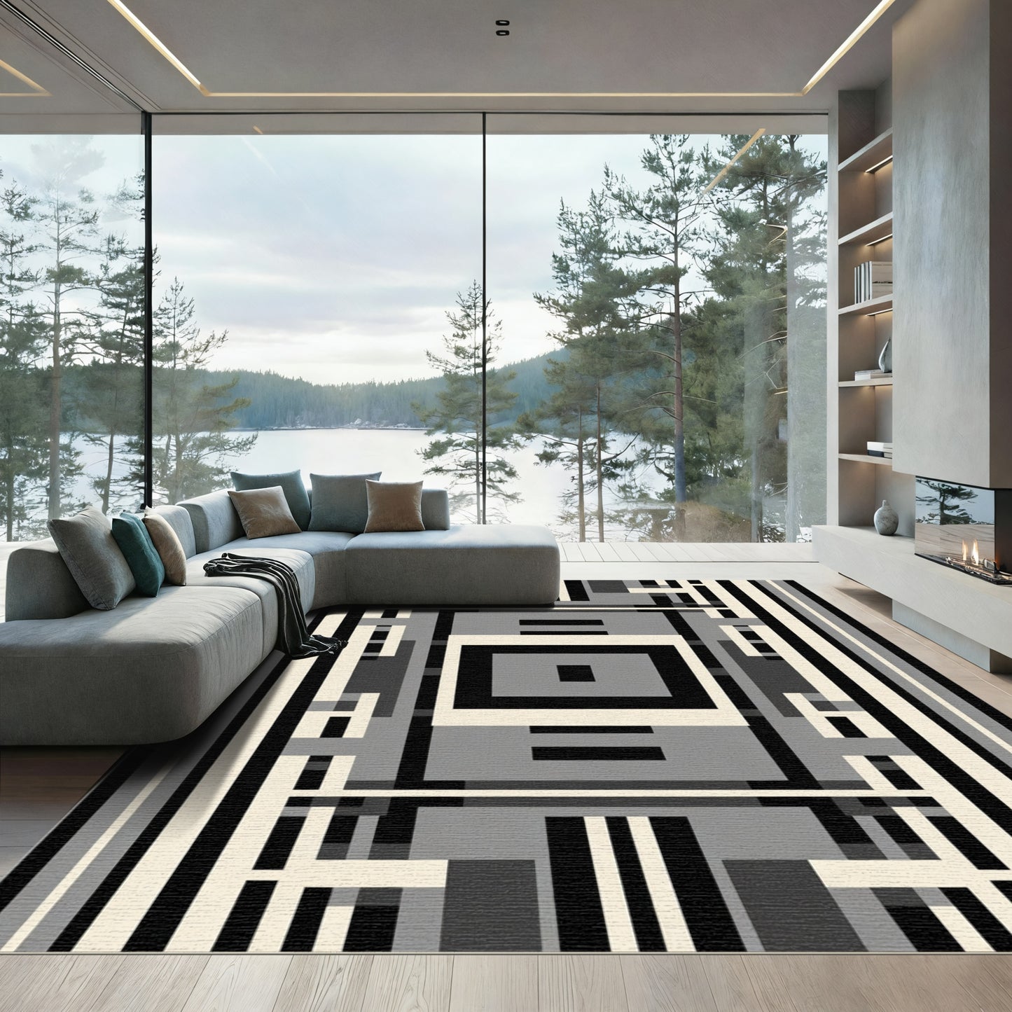 Monochromatic Geometric Modern Square Rug
