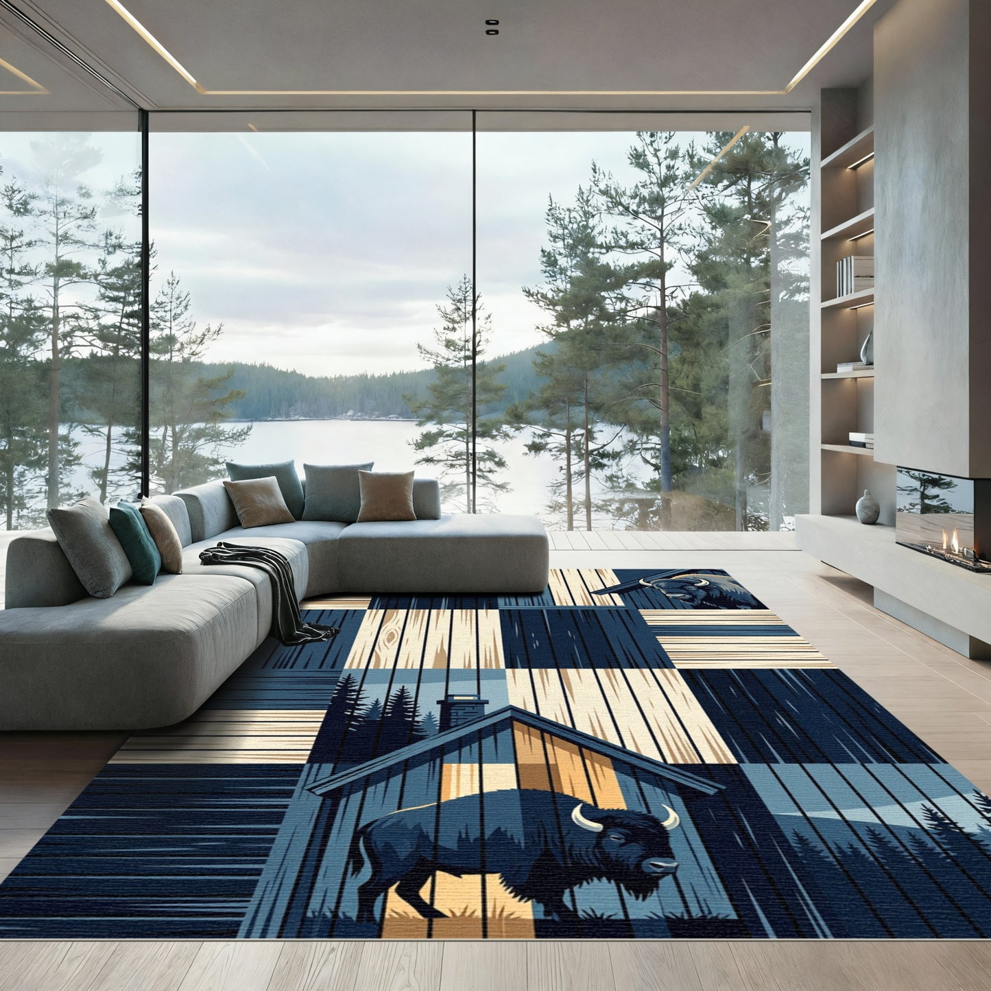Rustic Bison Cabin Woodgrain Patches Rug