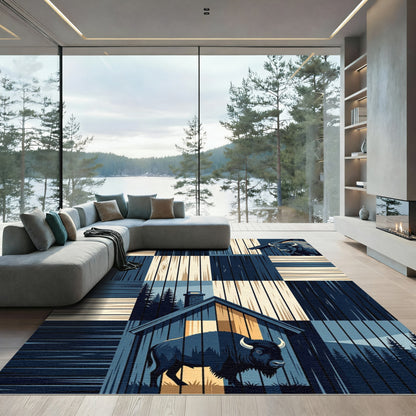 Rustic Bison Cabin Woodgrain Patches Rug