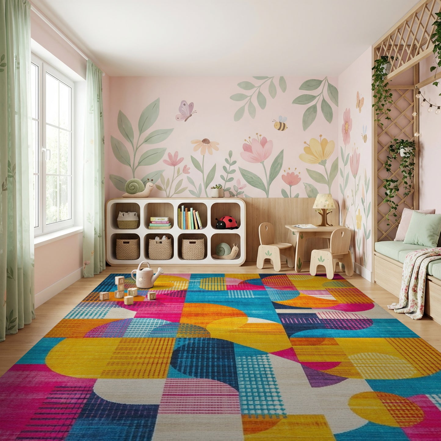 Vibrant Orange Pink Teal Circles Rug