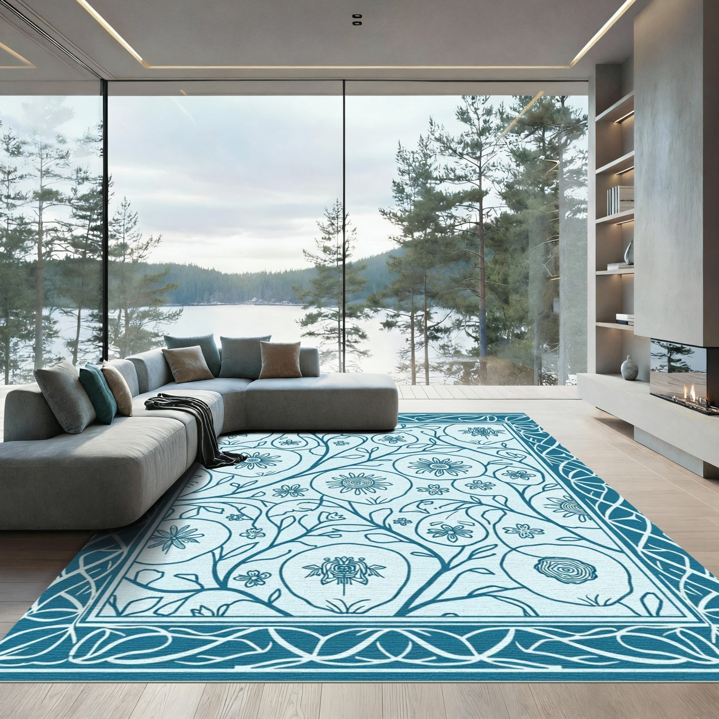 Teal Floral Vine Medallion Border Rug