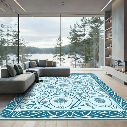 Teal Floral Vine Medallion Border Rug