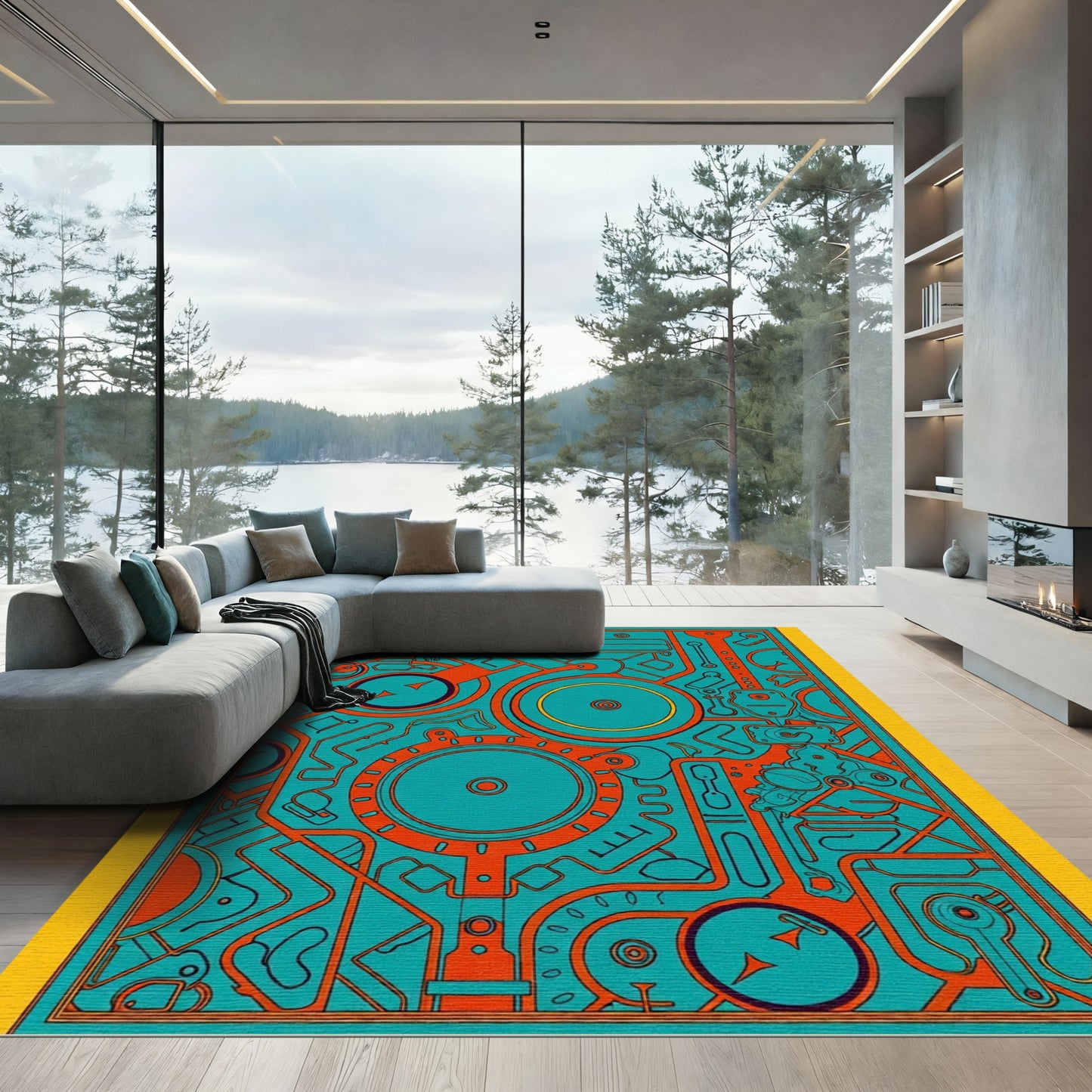 Teal Orange Circuit Board Composition Rug