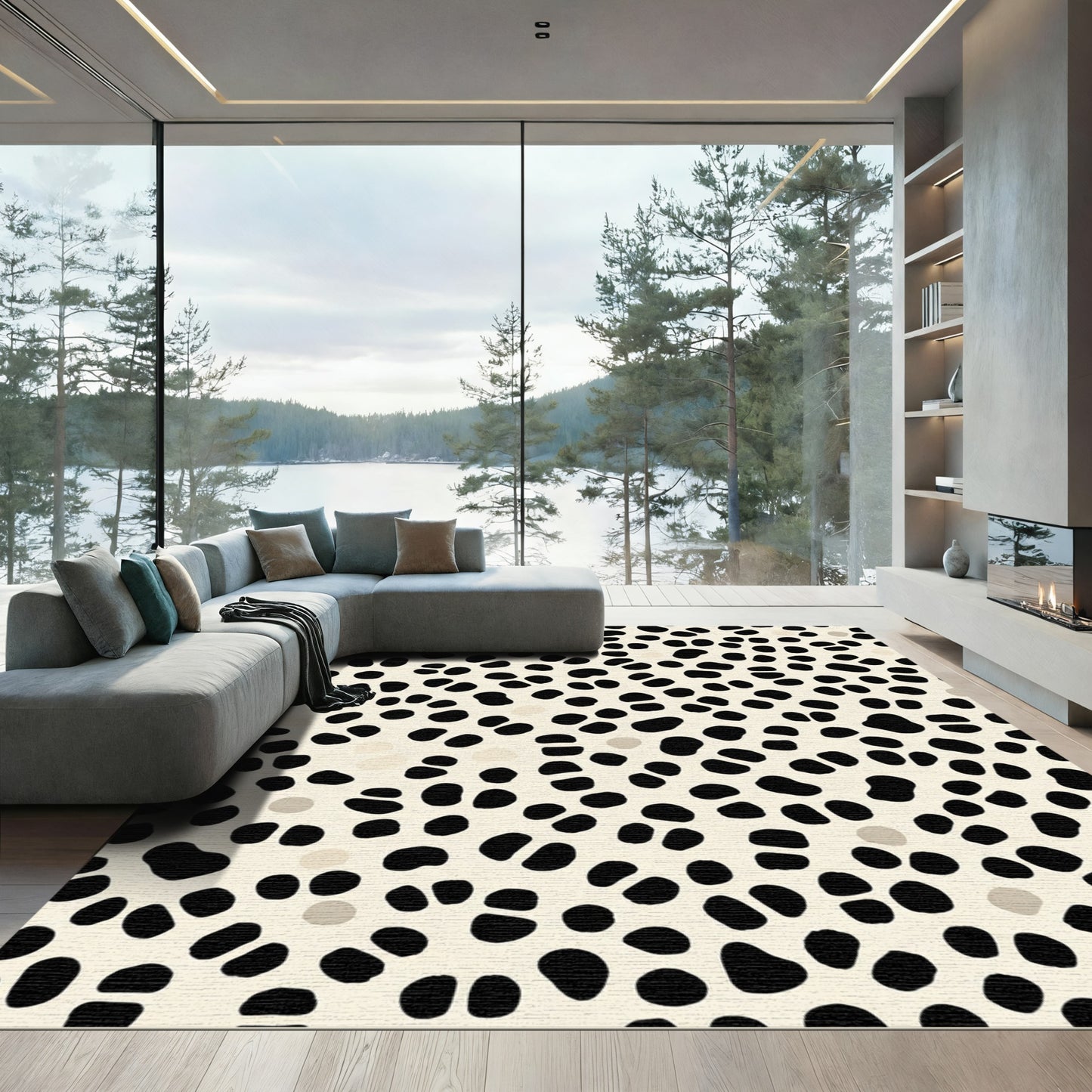 Spotted Cream Black Contemporary Irregular Rug
