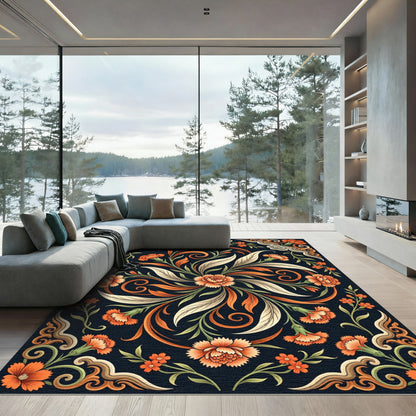 Orange Floral Swirl Scrollwork Rug