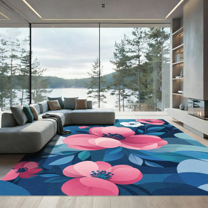 Pink Floral Blue Background Abstract Rug