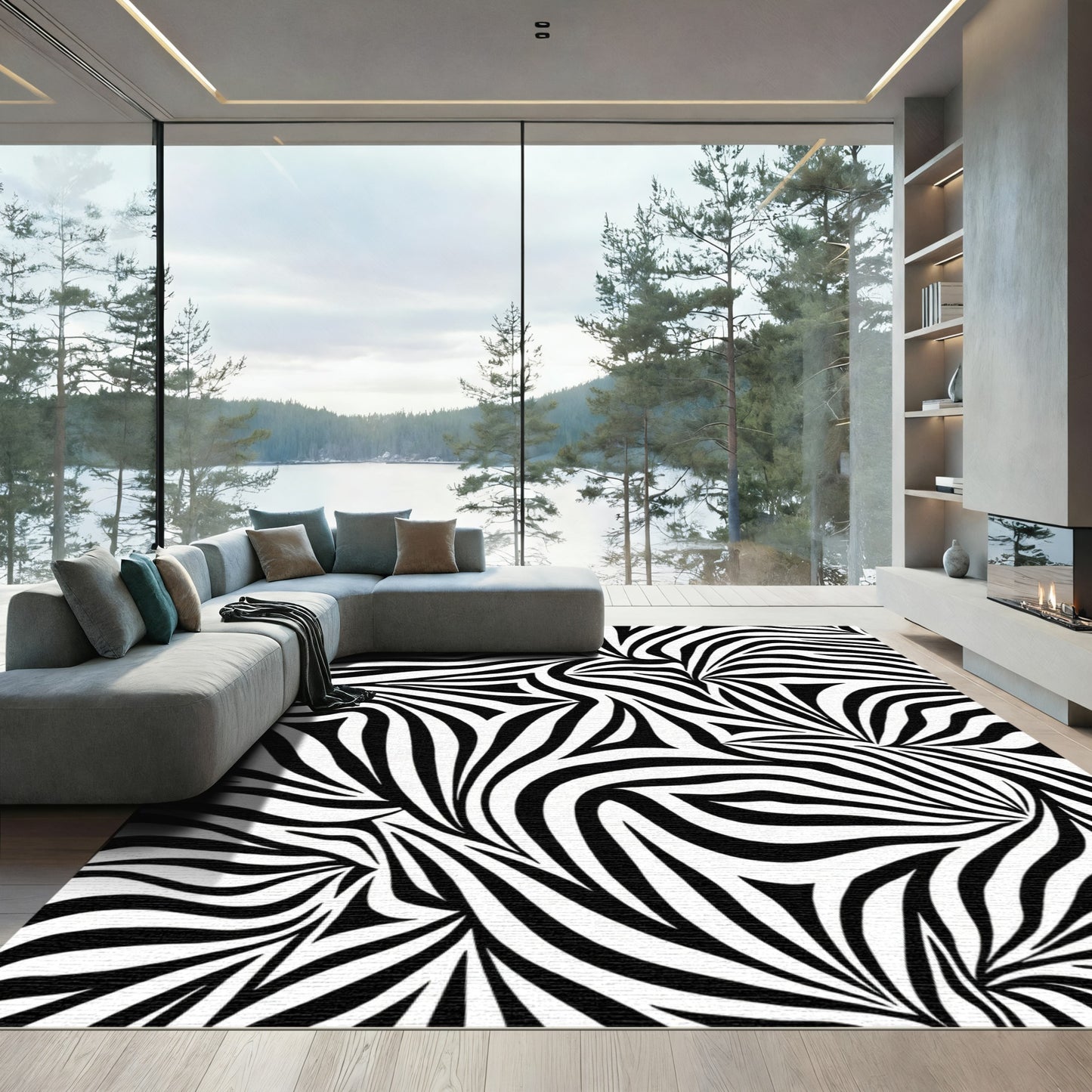 Bold Black White Wavy Stripe Rug