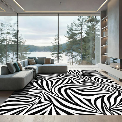Bold Black White Wavy Stripe Rug