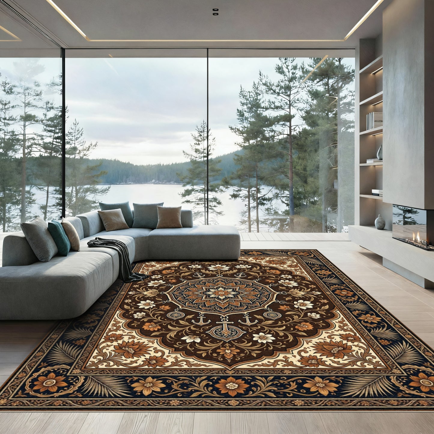 Rich Brown Floral Medallion Anchor Rug