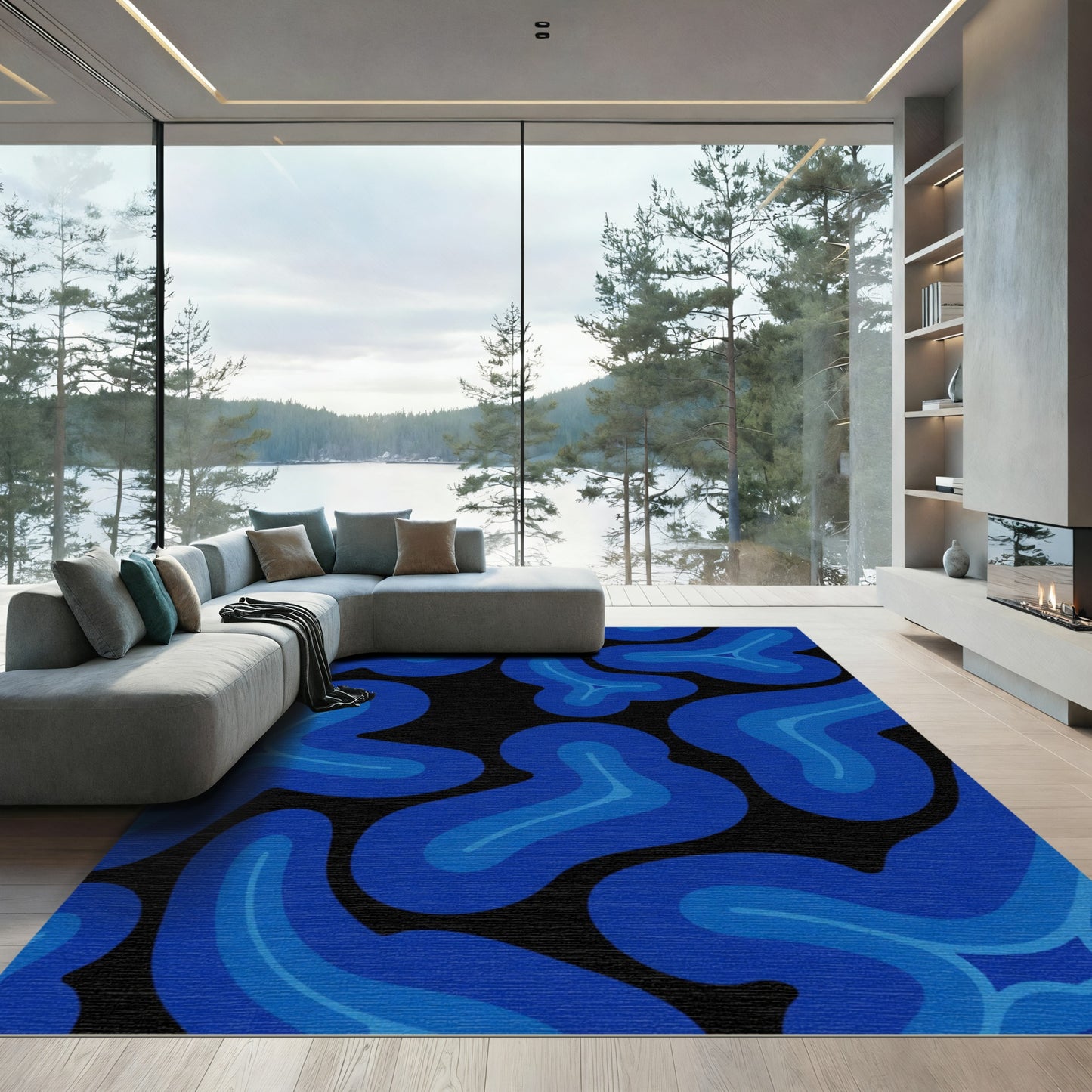 Deep Blue Organic Blob Abstract Rug