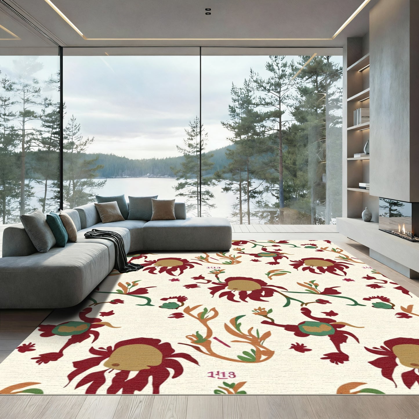 Crimson Golden Floral Vine Rug