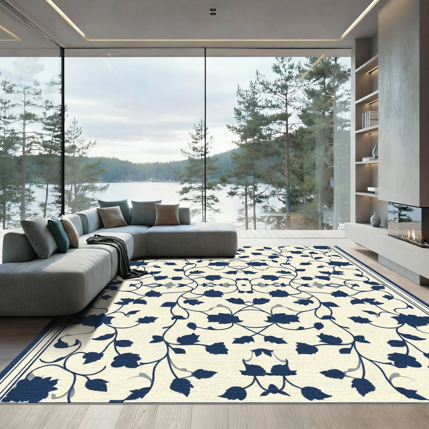 Navy Blue Floral Vine Cream Harmony Rug