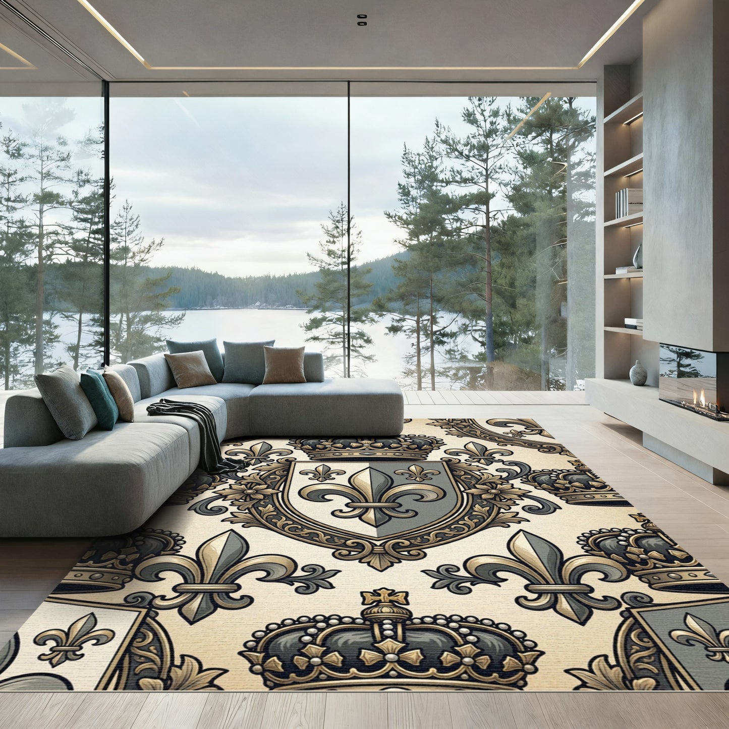 Regal Gray Floral Crown Emblem Rug