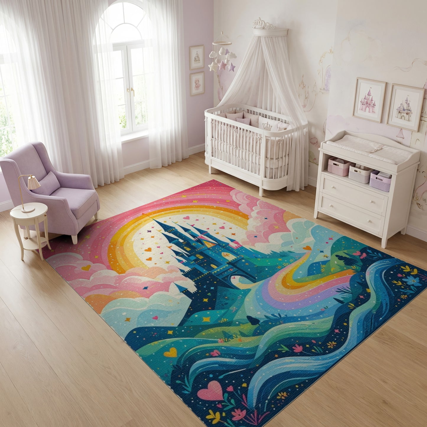 Whimsical Castle Rainbow Hearts Rug
