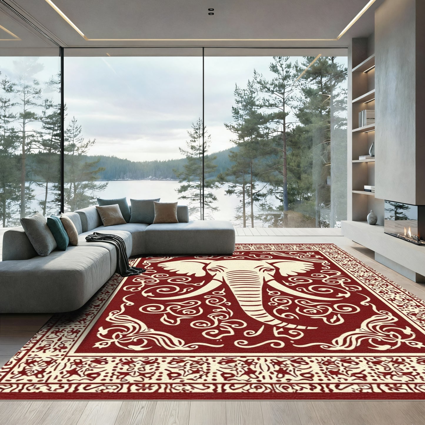 Crimson Ivory Elephant Floral Medallion Rug