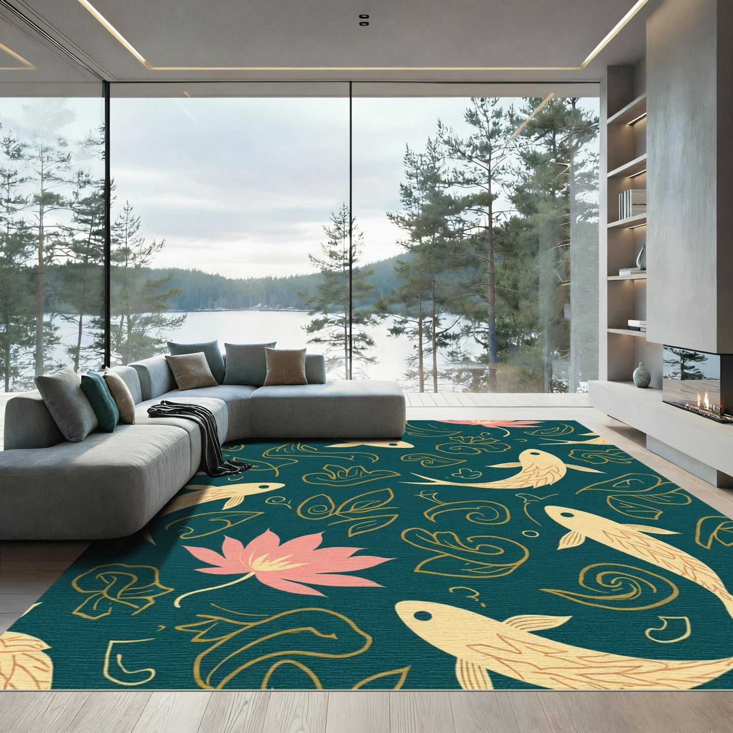 Teal Golden Fish Lotus Garden Rug