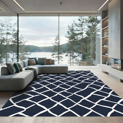 Navy White Distorted Grid Rug