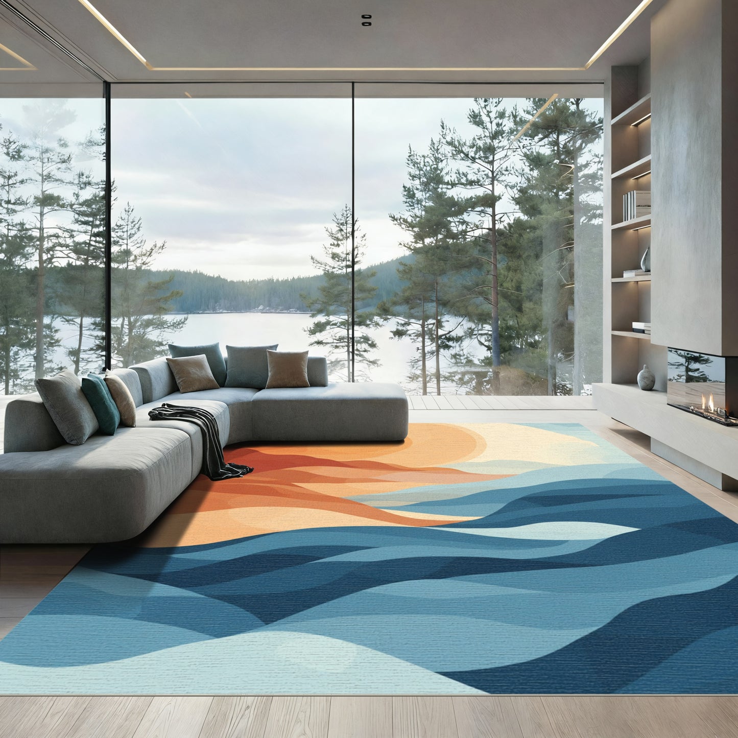 Abstract Sunset Ocean Waves Rug