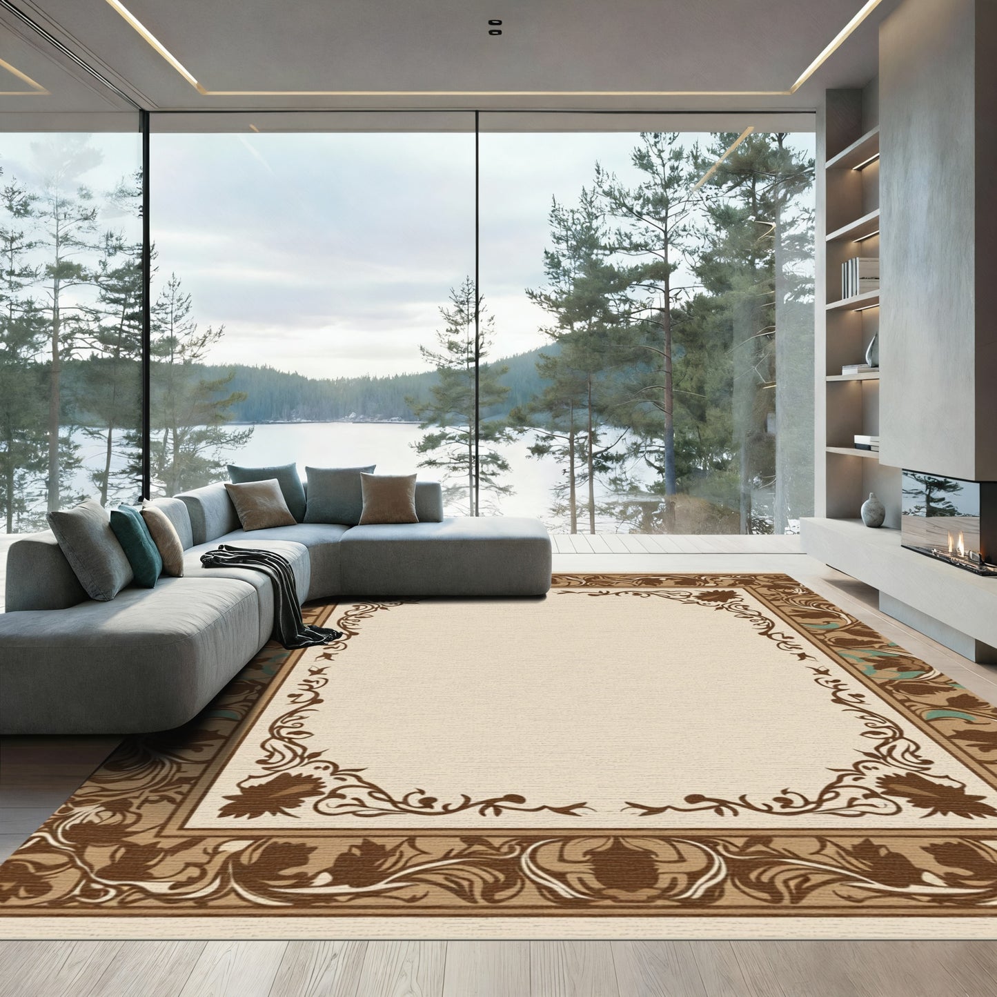 Brown Tan Floral Frame Border Rug