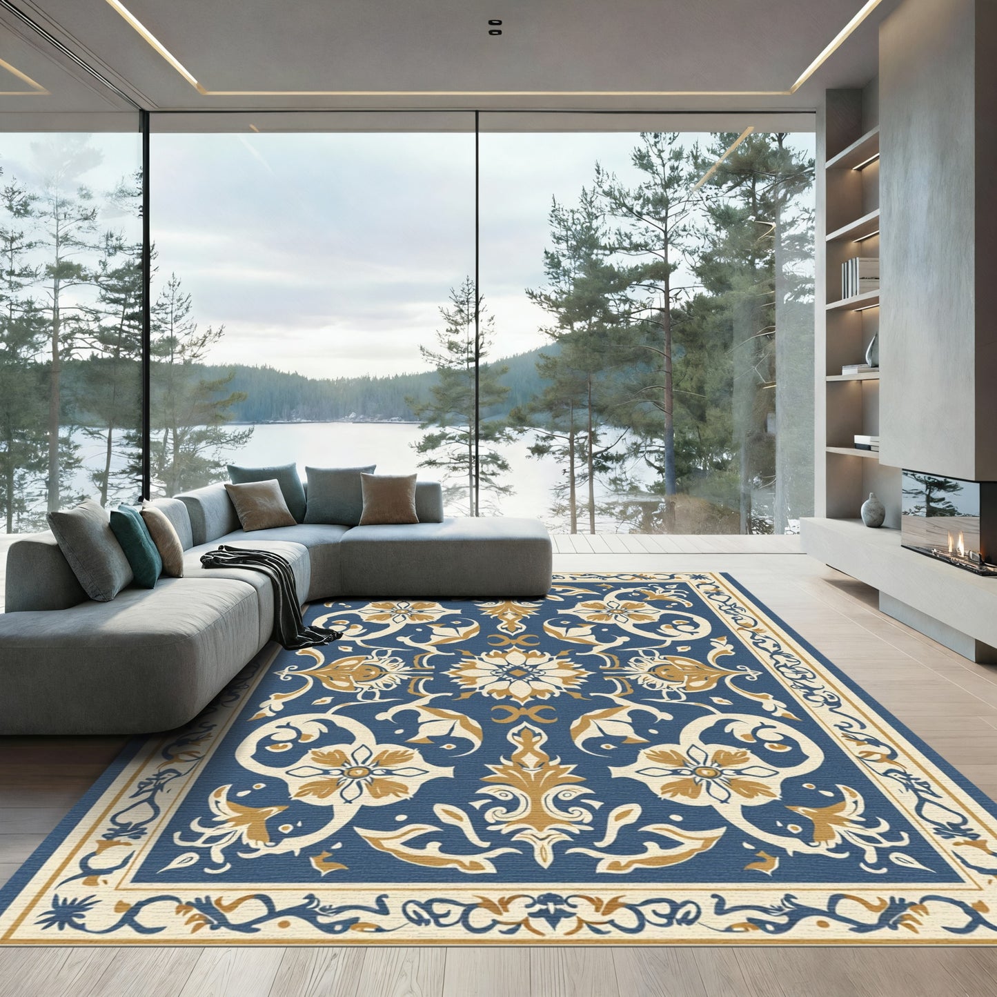 Ornate Indigo Cream Botanical Arabesque Rug