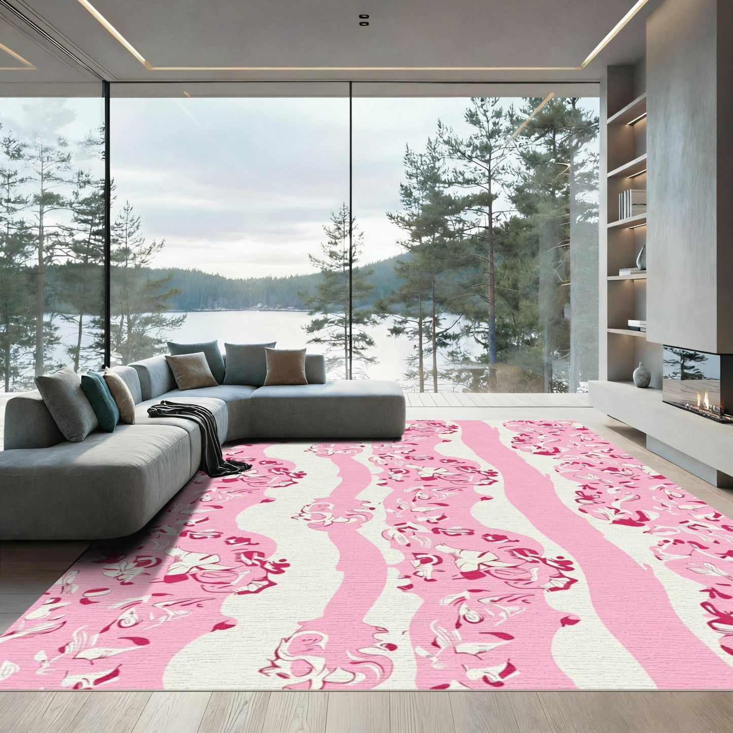 Abstract Pink Floral Wave Rug