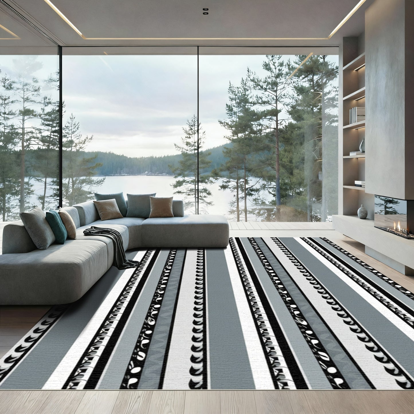 Monochromatic Striped Abstract Border Rug