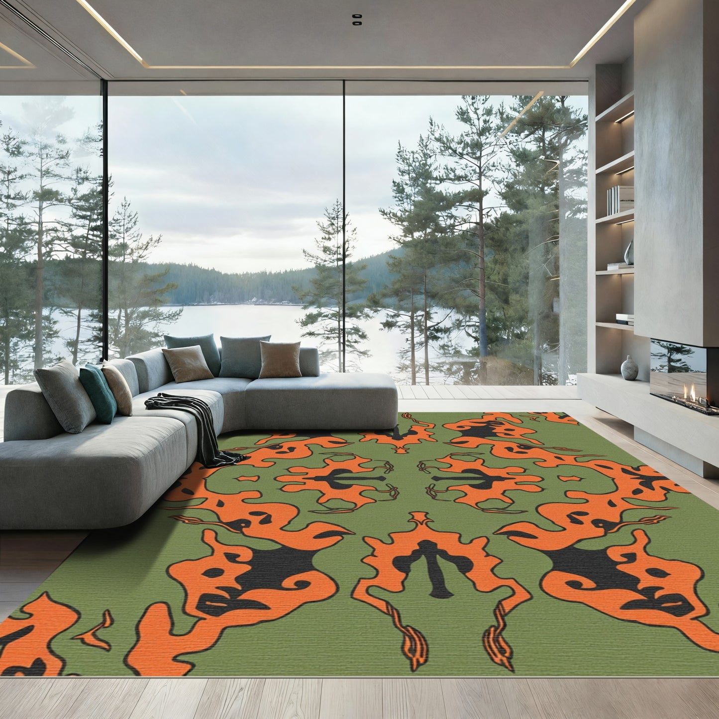 Orange Black Abstract Organic Symmetry Rug