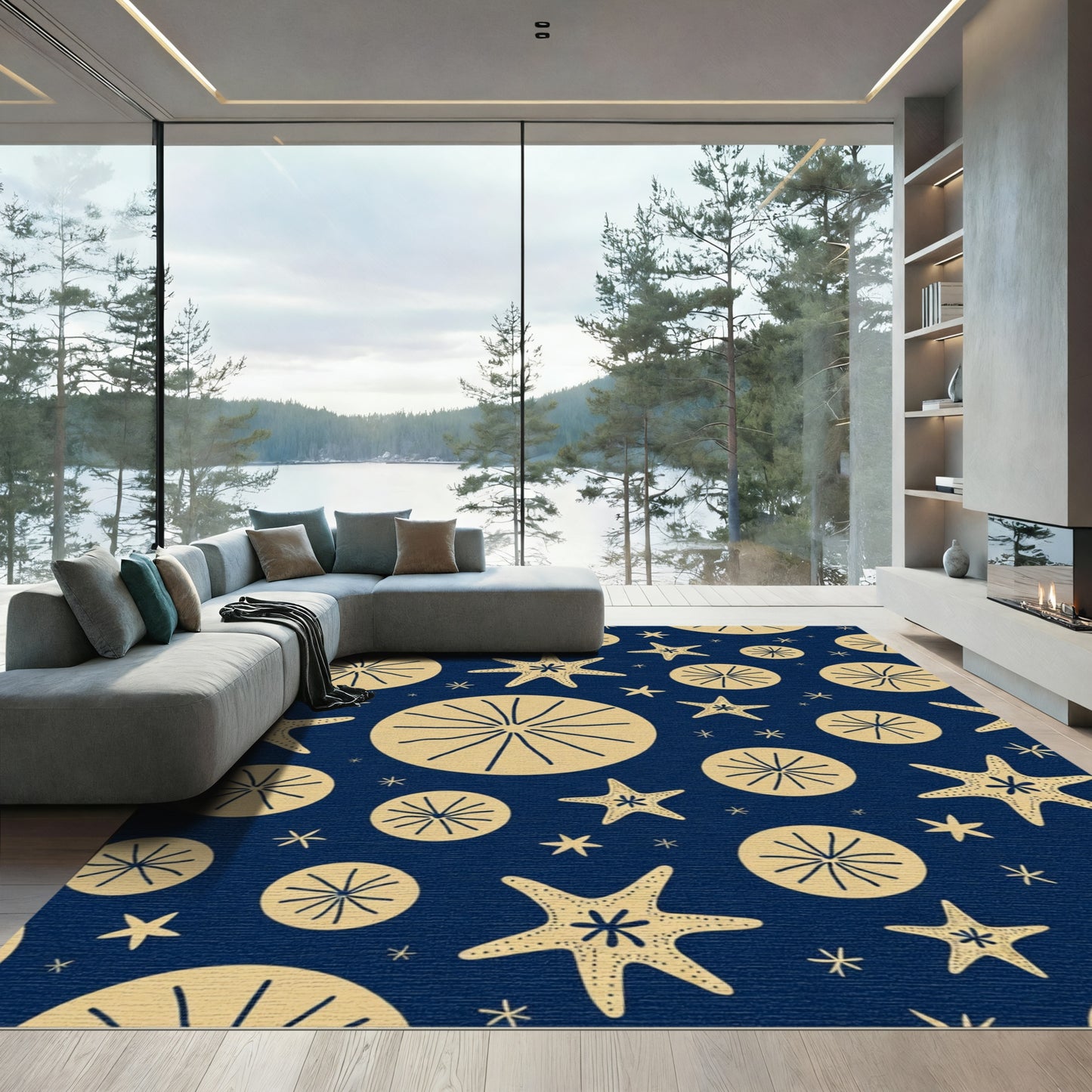 Navy Sand Dollar Starfish Collage Rug