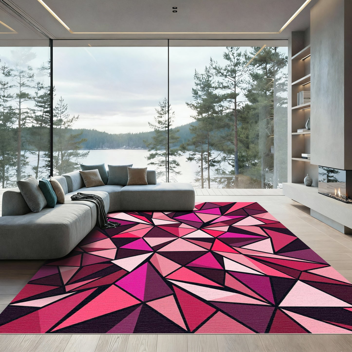 Geometric Abstract Pink Crimson Triangles Rug