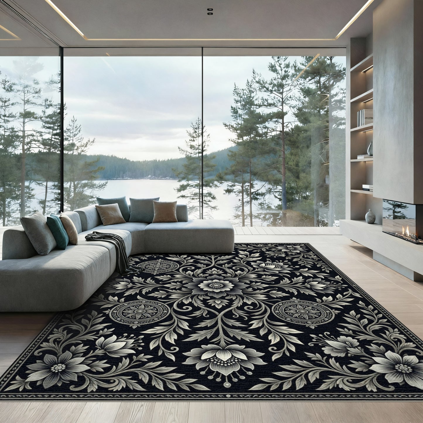 Monochromatic Floral Scroll Medallion Rug