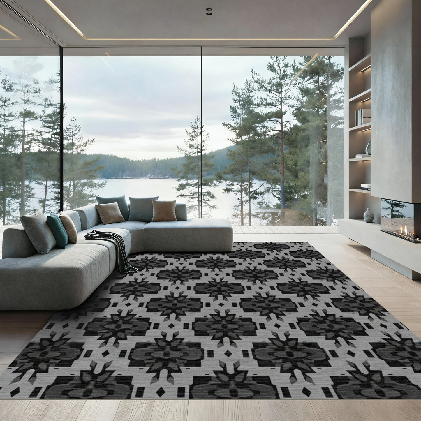 Dark Gray Geometric Lattice Abstract Art Rug