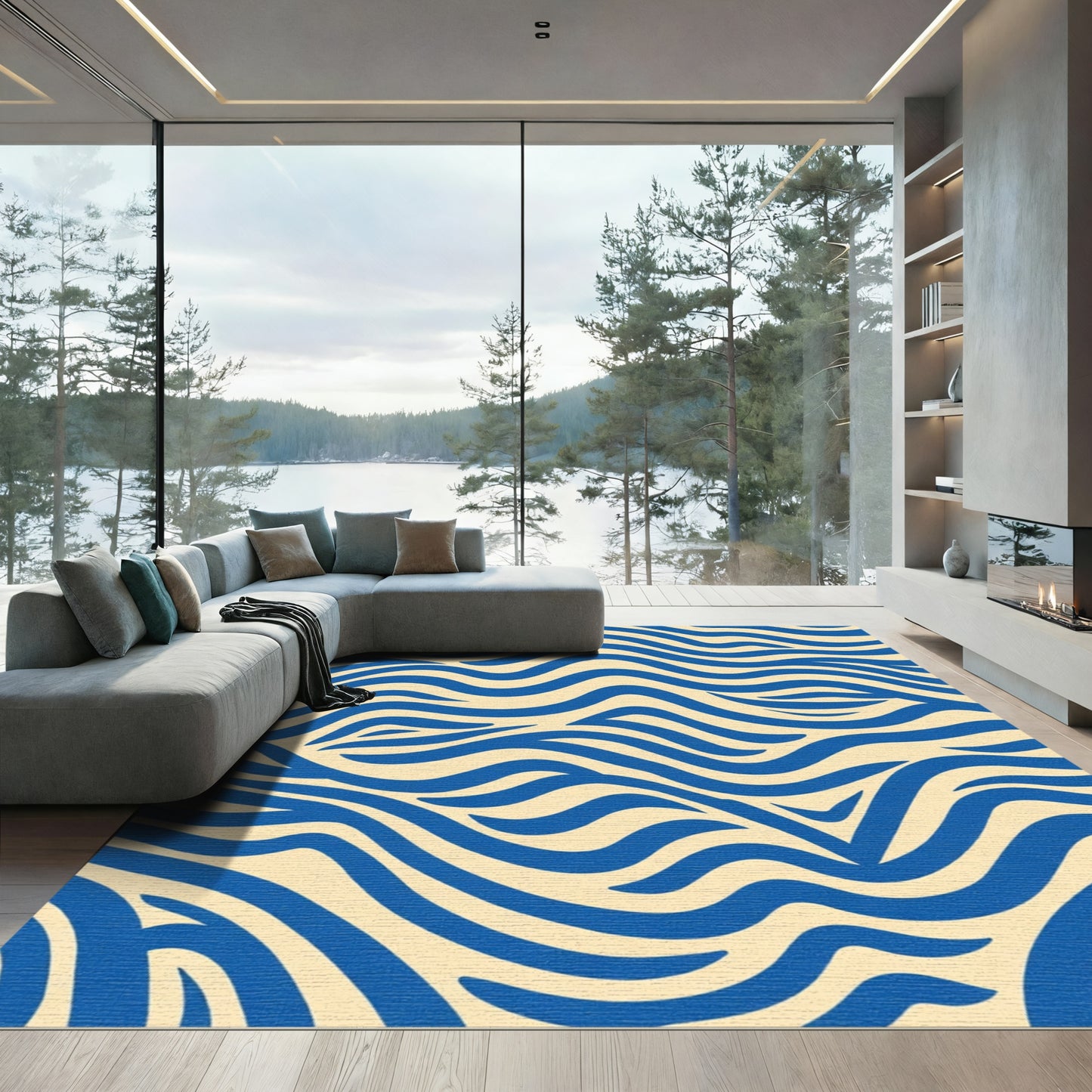 Navy Blue Abstract Wave Rug