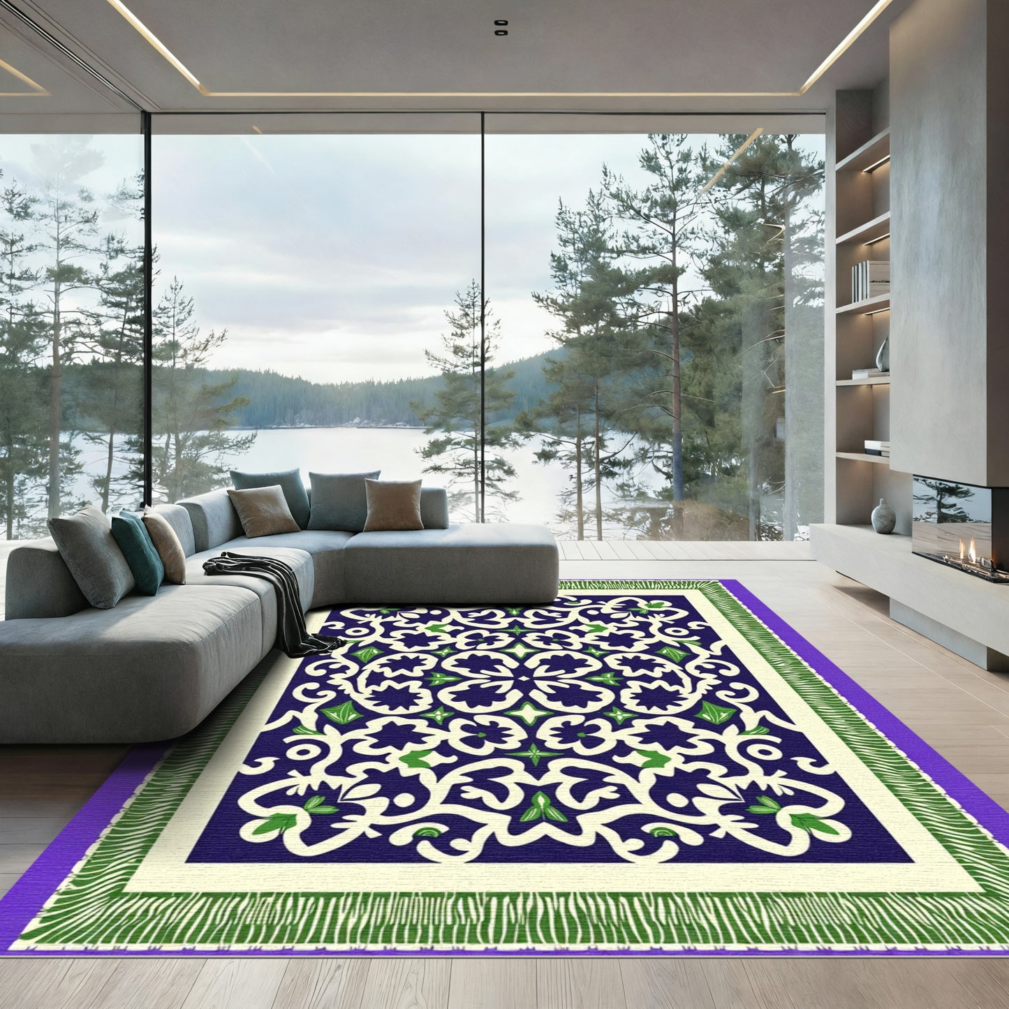 Indigo Cream Green Floral Mandala Rug