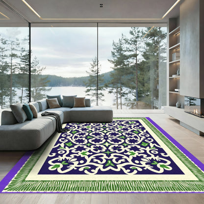 Indigo Cream Green Floral Mandala Rug
