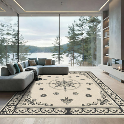 Ivory Black Floral Mandala Border Rug