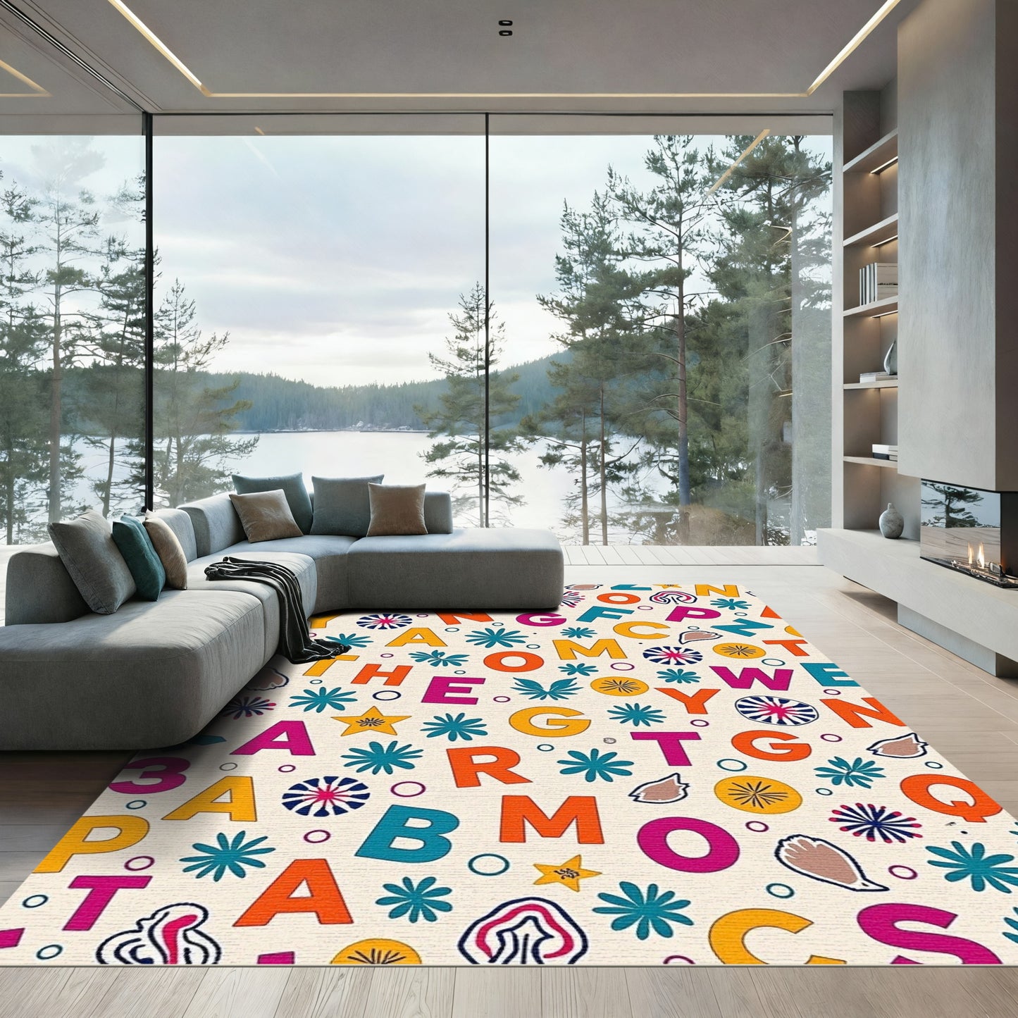 Alphabet Floral Graphic Cream Rug