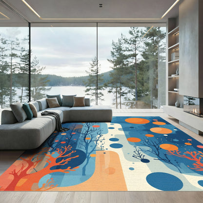 Vibrant Orange Coral Blue Abstract Nature Rug