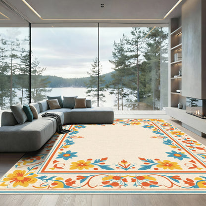 Vibrant Floral Border Teal Orange Yellow Rug