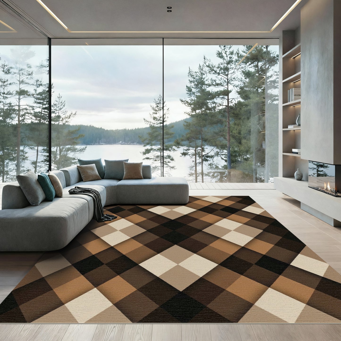 Earthy Brown Diamond Geometric Shadow Rug