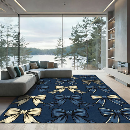 Navy Blue and Cream Ribbon Bows Rug
