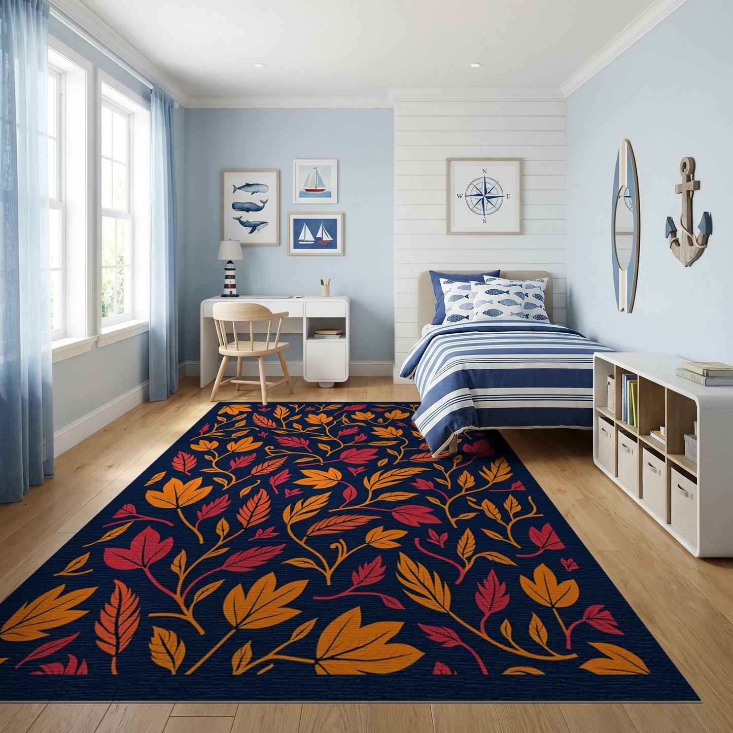 Vibrant Orange Red Leaves Navy Rug