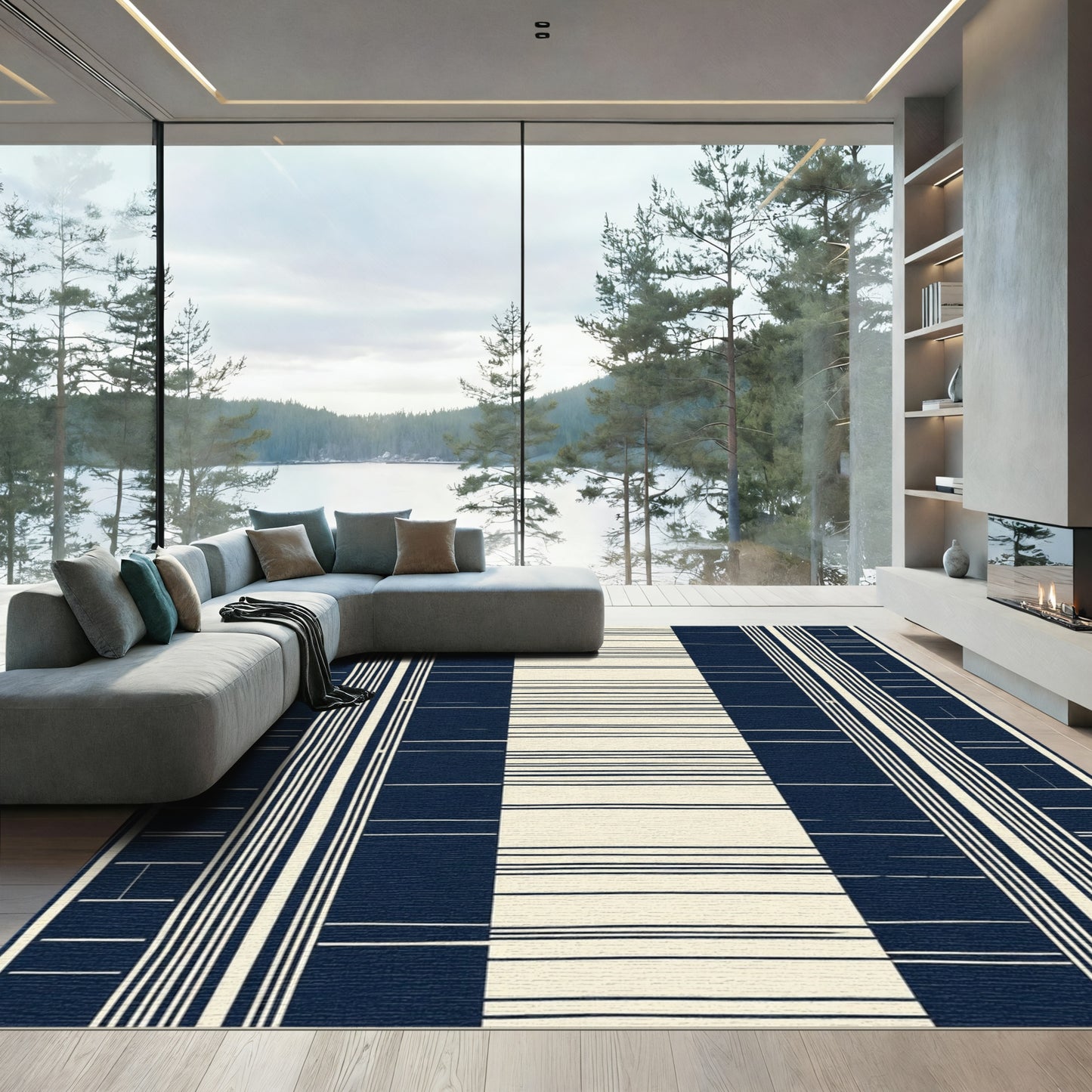 Navy Cream Contemporary Striped Rug