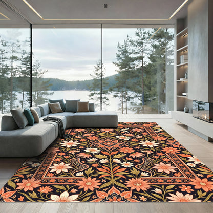 Coral Floral Medallion Dark Botanical Rug