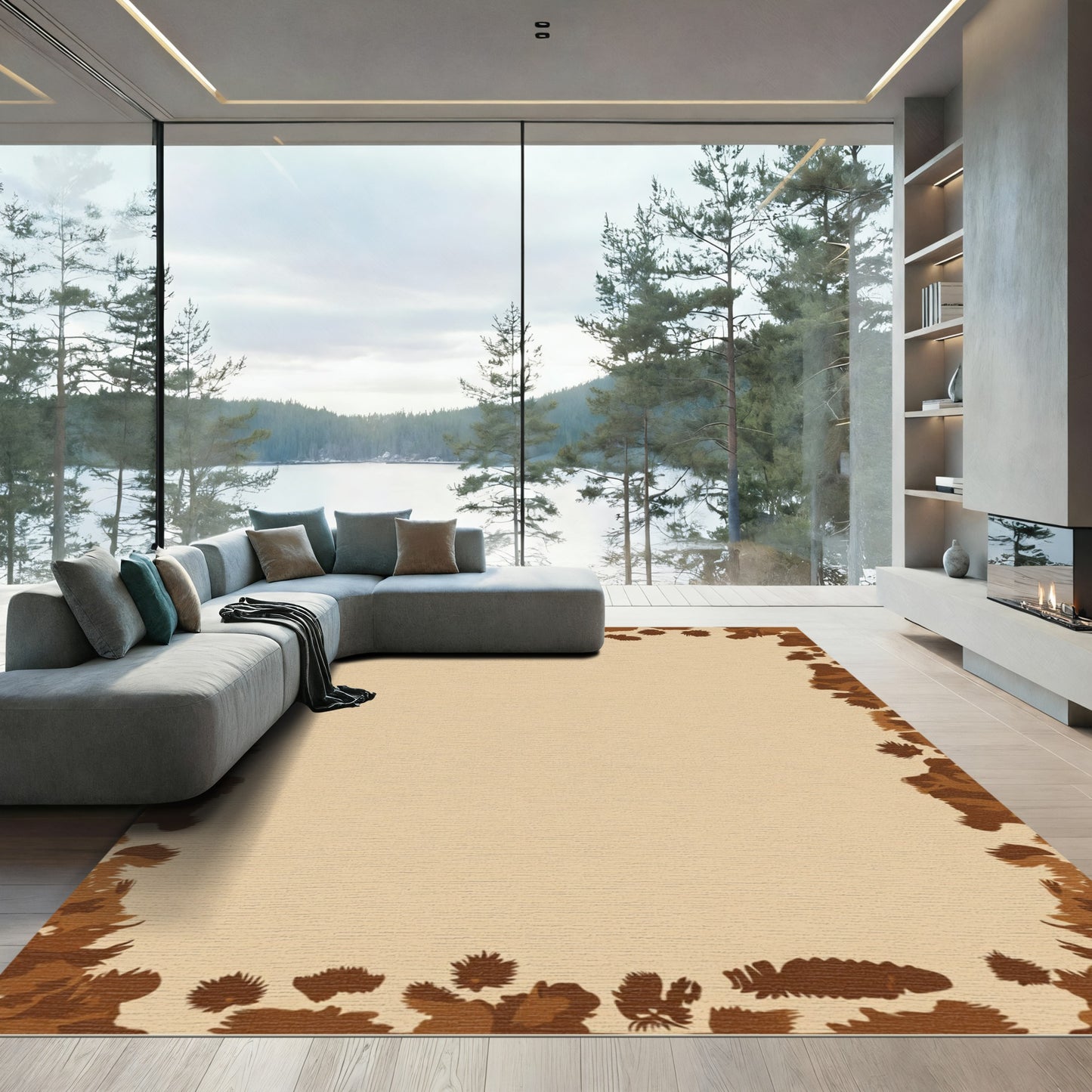 Brown Abstract Wood Grain Border Rug