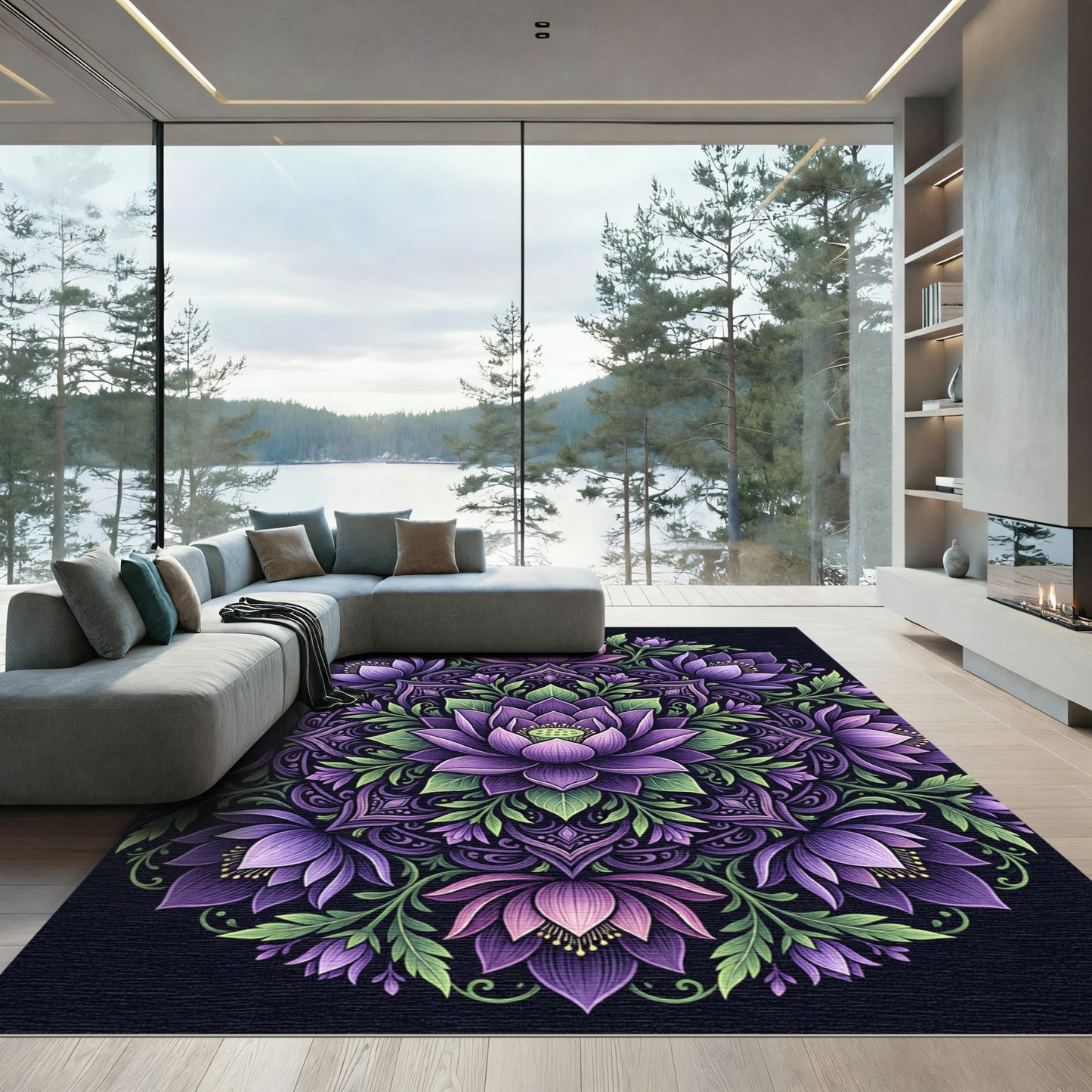 Radiant Purple Lotus Mandala Floral Medallion Rug