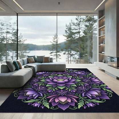Radiant Purple Lotus Mandala Floral Medallion Rug