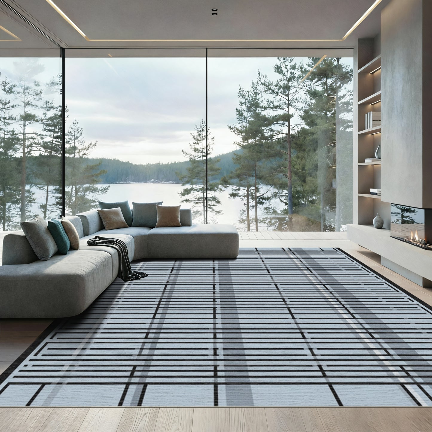 Light Blue Horizontal Stripe Grid Rug