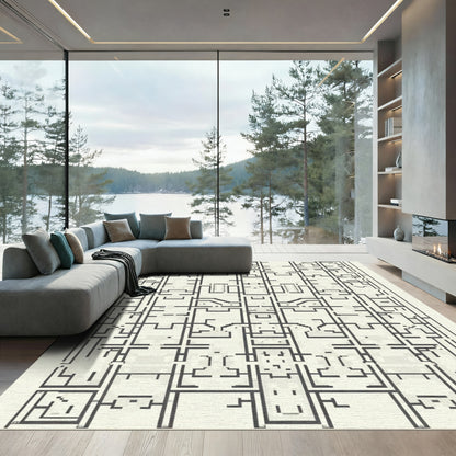Dark Geometric Architectural Floor Plan Rug