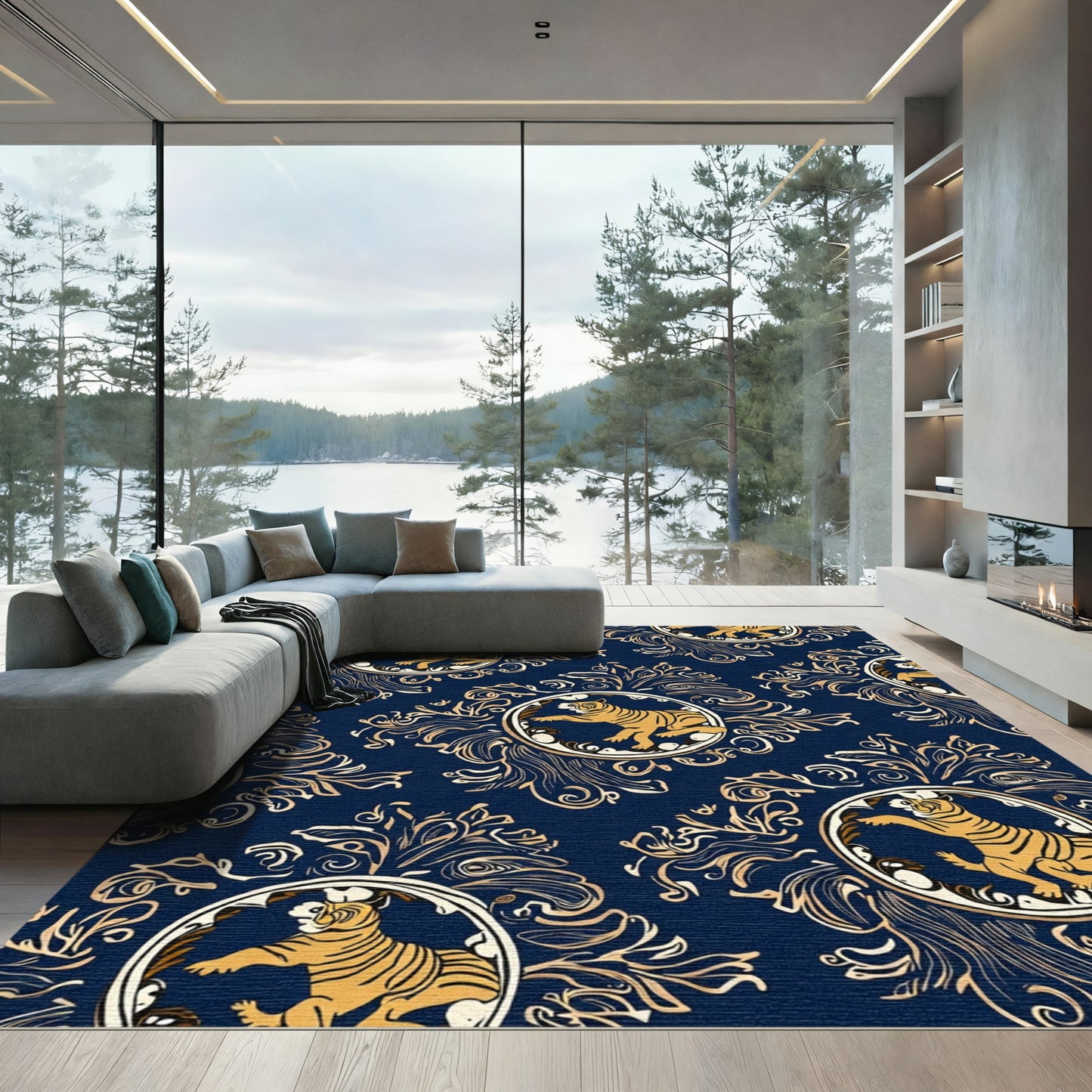 Navy Gold Tiger Medallion Baroque Rug